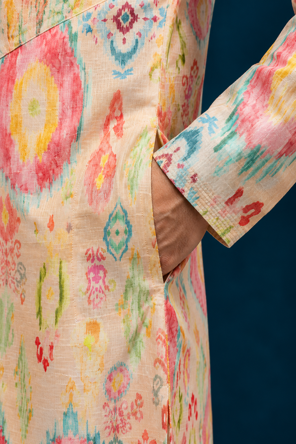 Naqsh Ikat-Inspired Printed Men's Kurta - Multi Pink