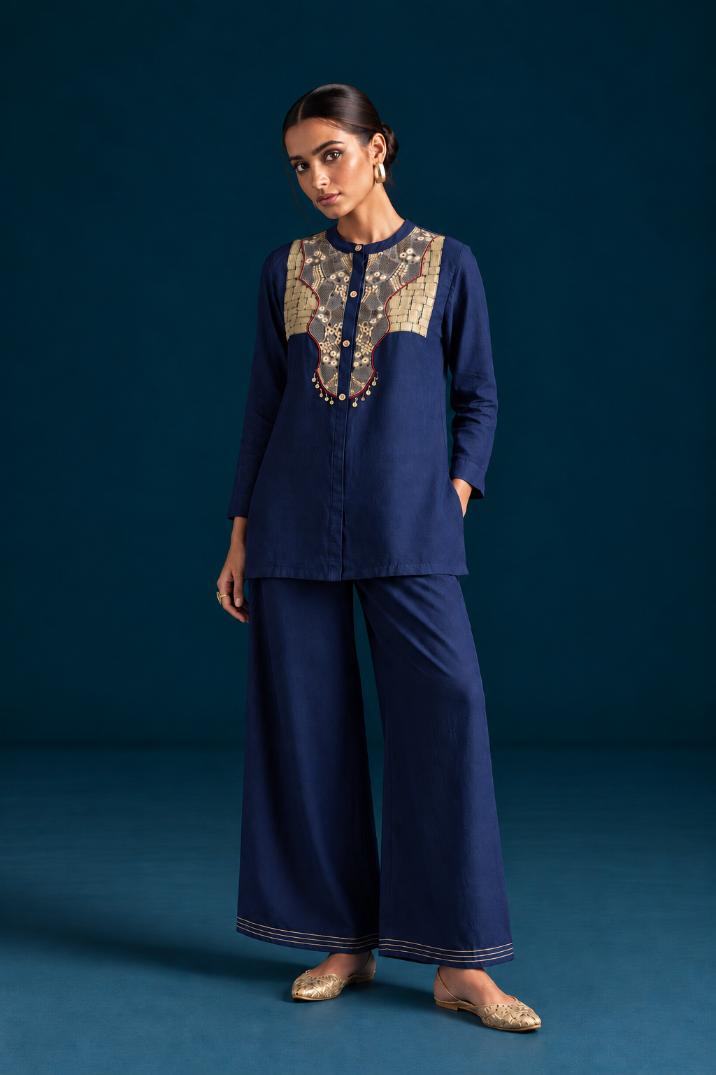 Hijr Embroidered Shirt-Style Co-ord Set - Blue