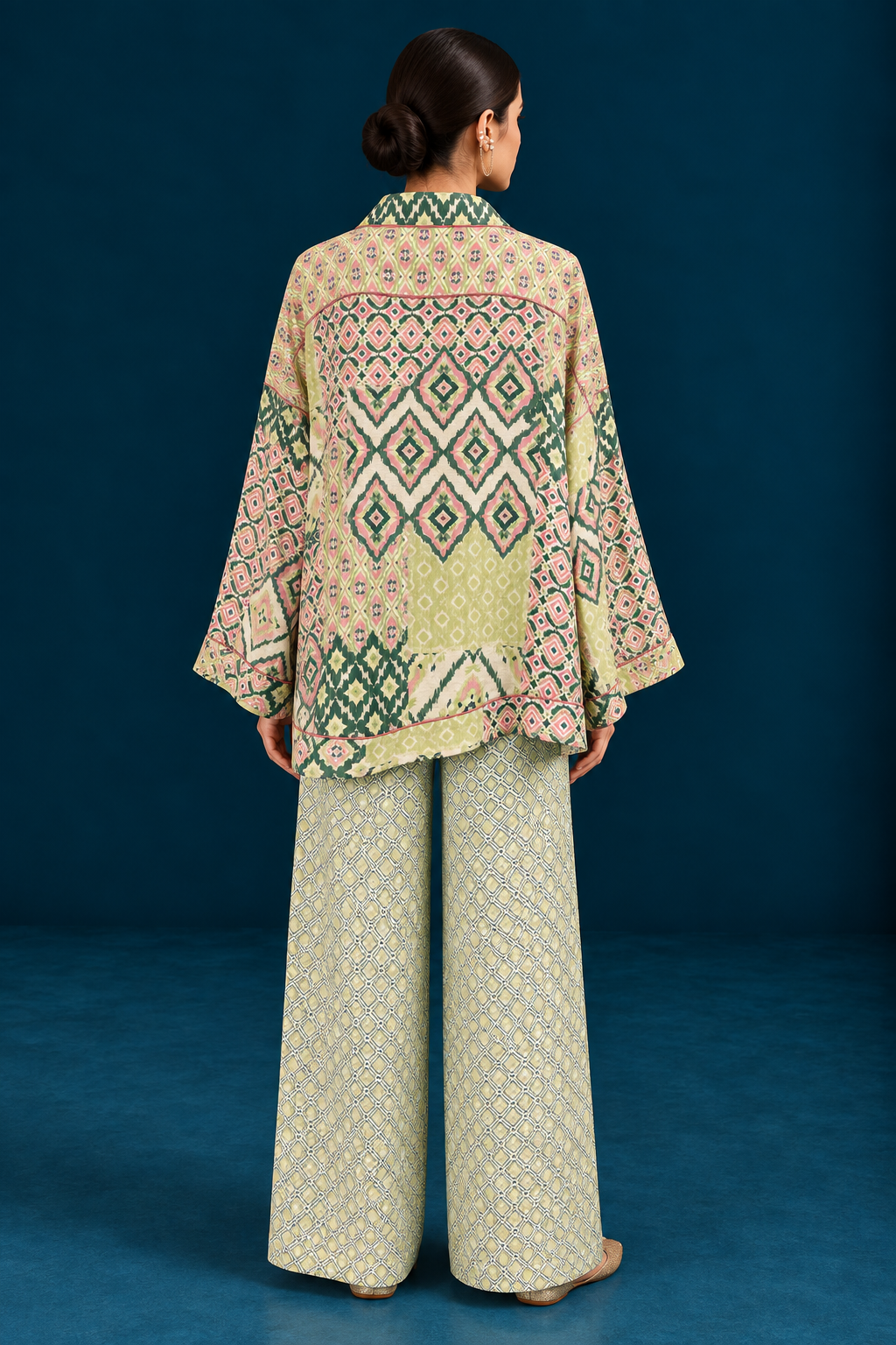 Rangrez Ikat-inspired top and bottom Co-ord set - Green
