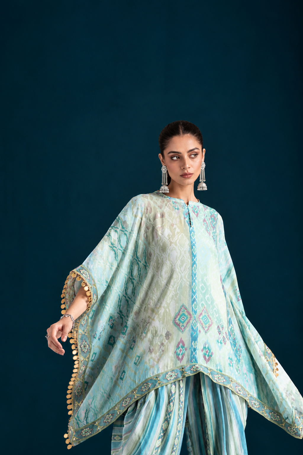 Mehr Ikat-Inspired Kaftan & Dhoti Co-ord Set - Mint