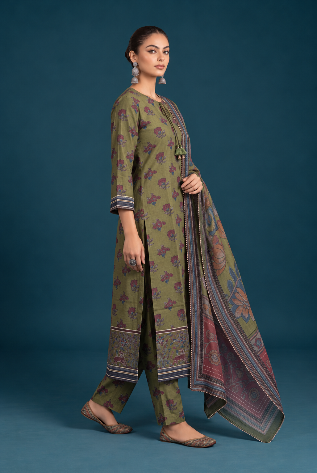 Neer Kalamkari-inspired Kurta Set-Olive