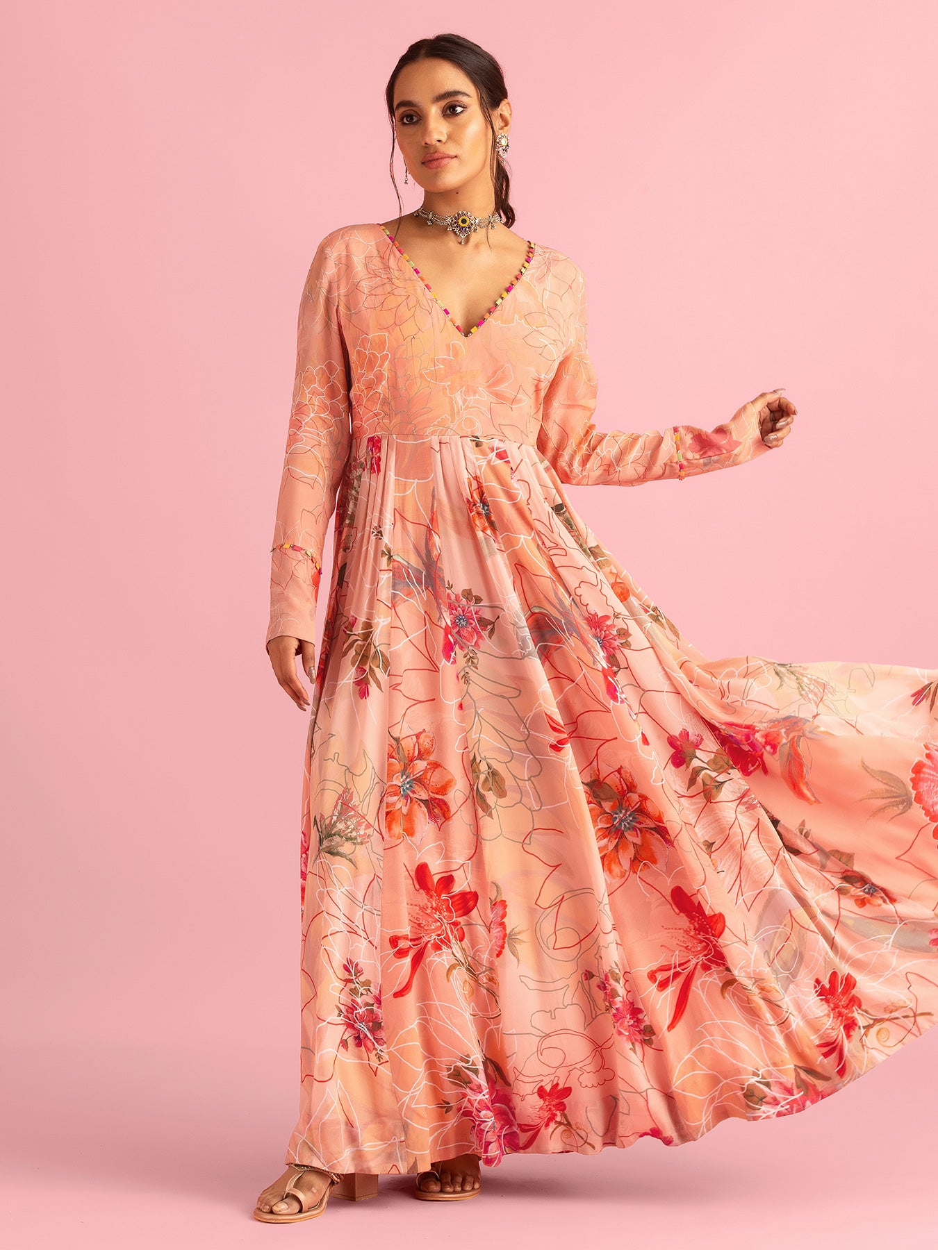 Floral Fantasy Peach Natural Crepe Printed Gown