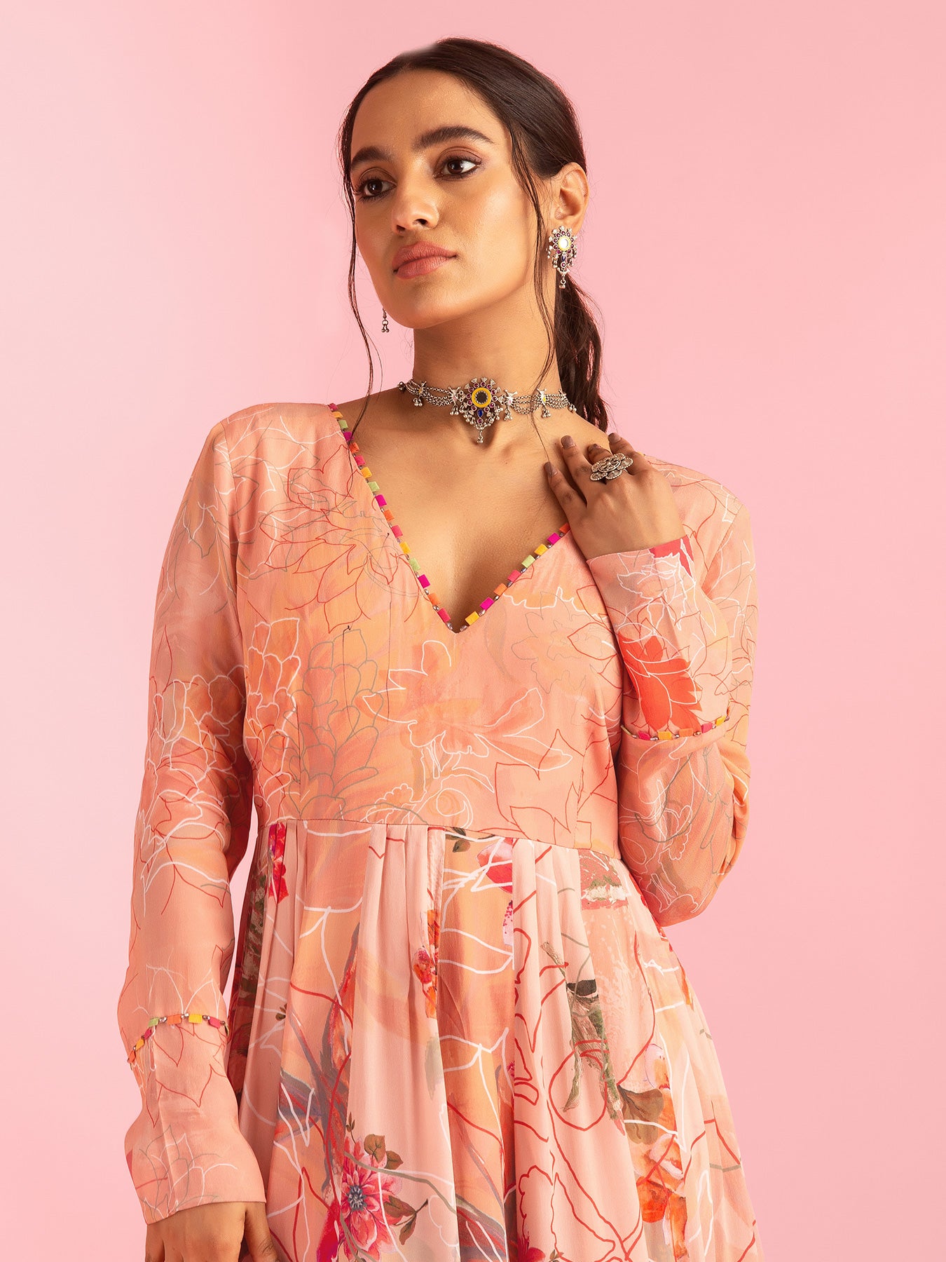 Floral Fantasy Peach Natural Crepe Printed Gown