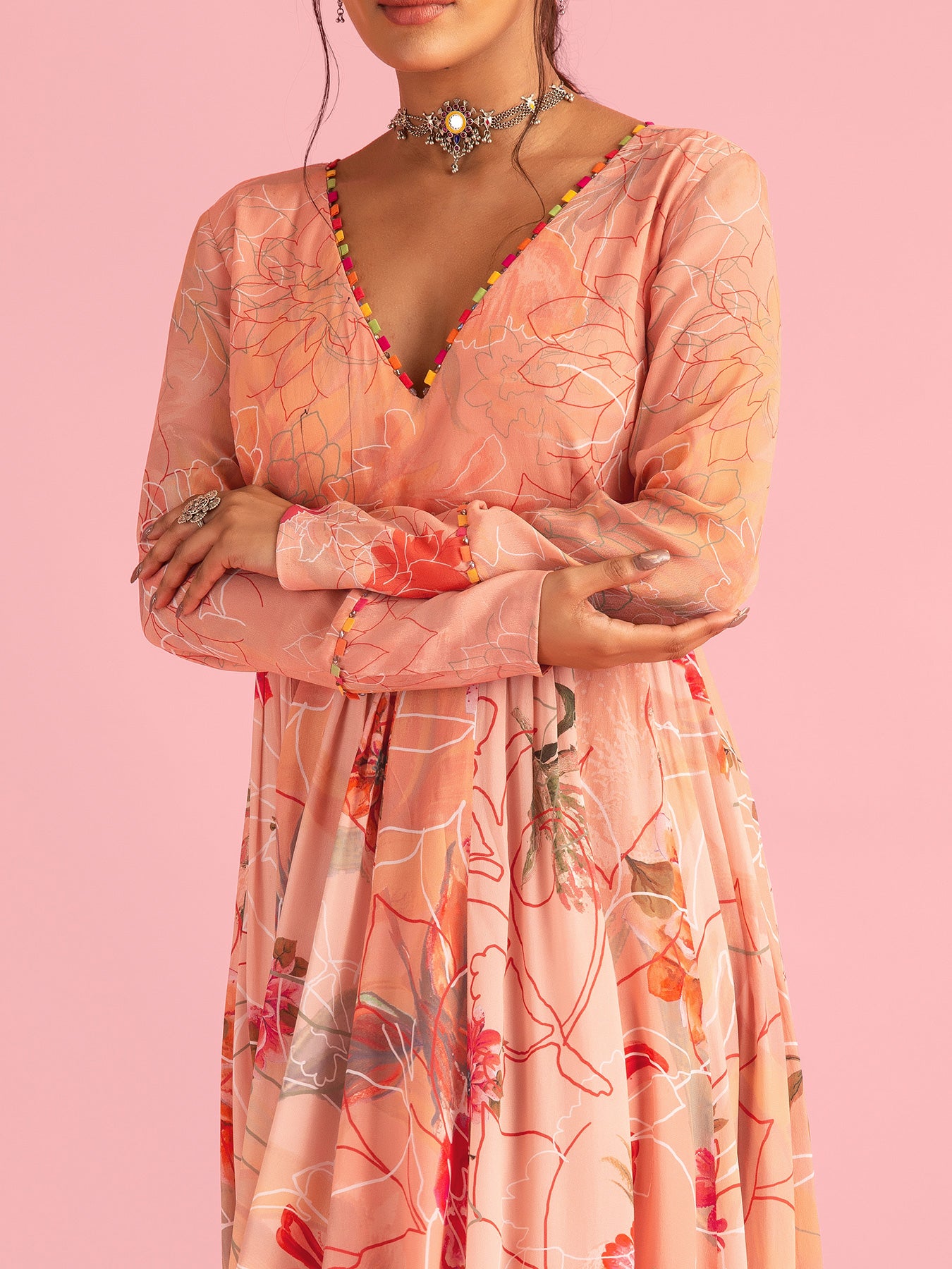 Floral Fantasy Peach Natural Crepe Printed Gown