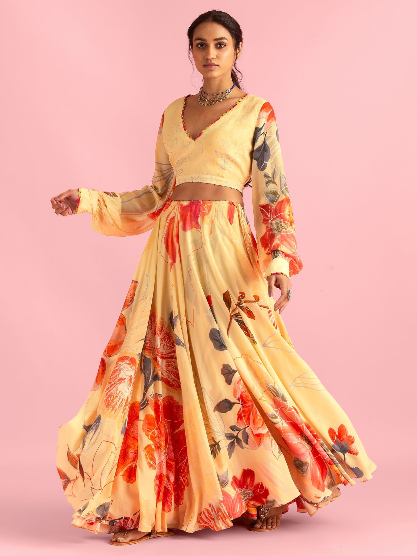 Floral Fantasy Bright Yellow Natural Crepe Lehenga Set