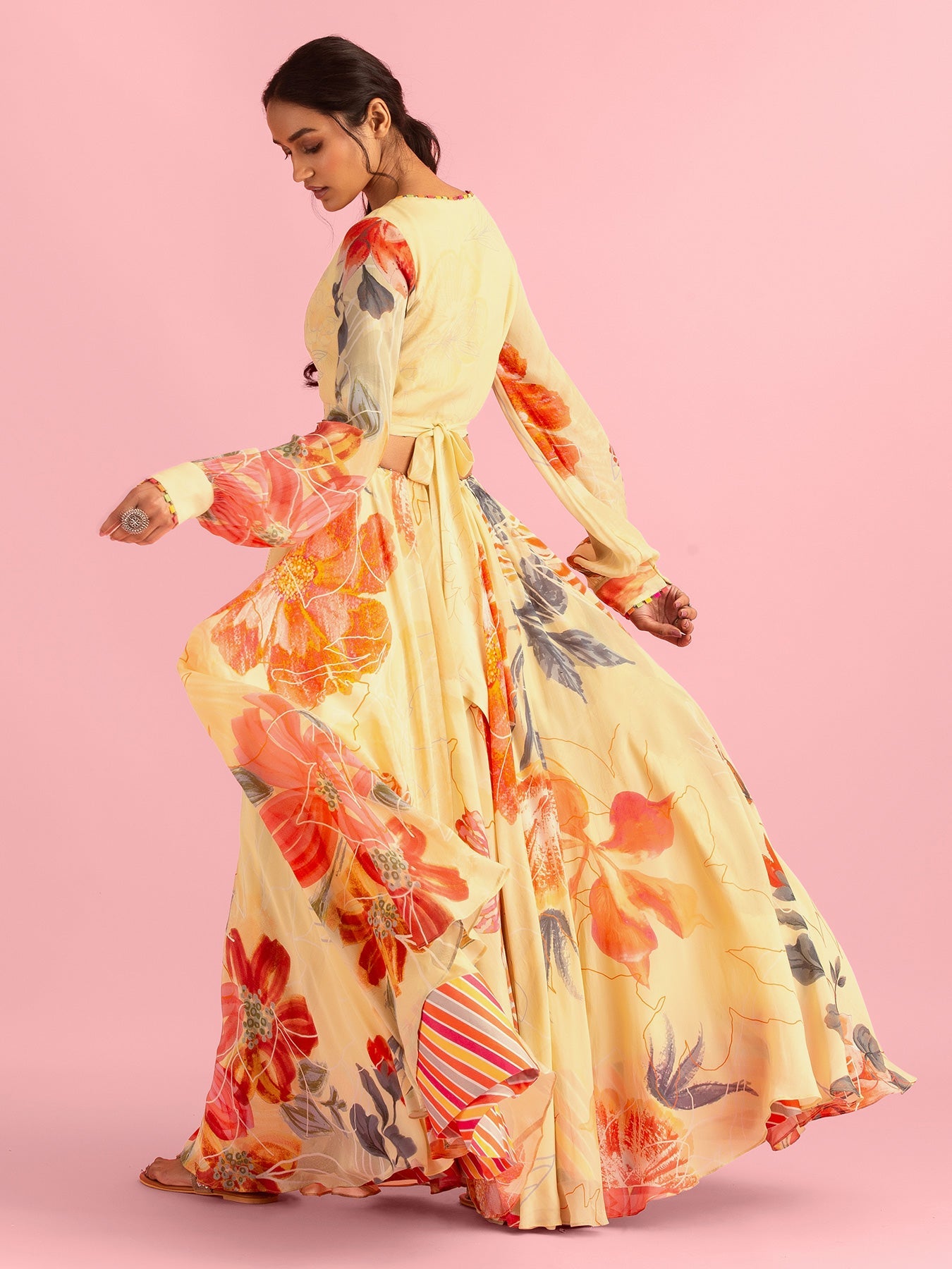 Floral Fantasy Bright Yellow Natural Crepe Lehenga Set