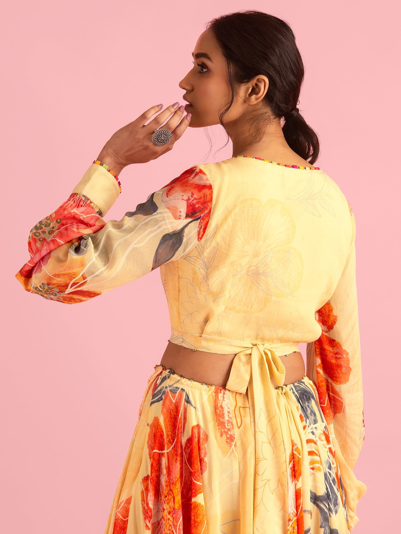 Floral Fantasy Bright Yellow Natural Crepe Lehenga Set