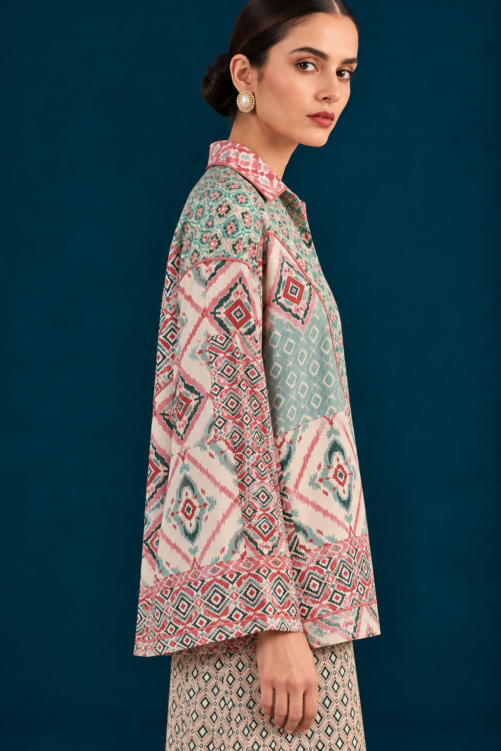 Rangrez Ikat-inspired top and bottom Co-ord set - Mint Blue