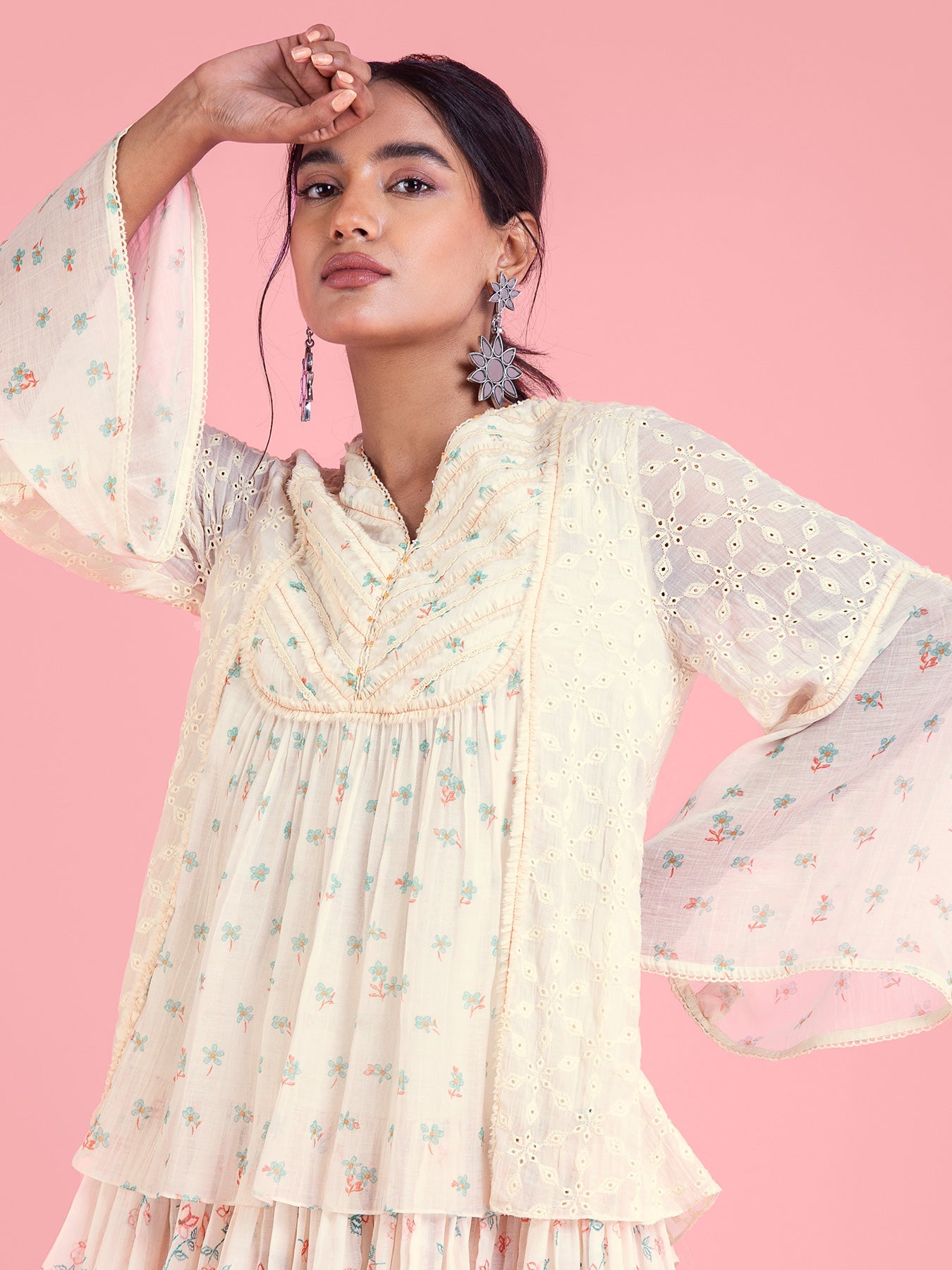 Frozen Off White Layered Top with Flared Sleeves