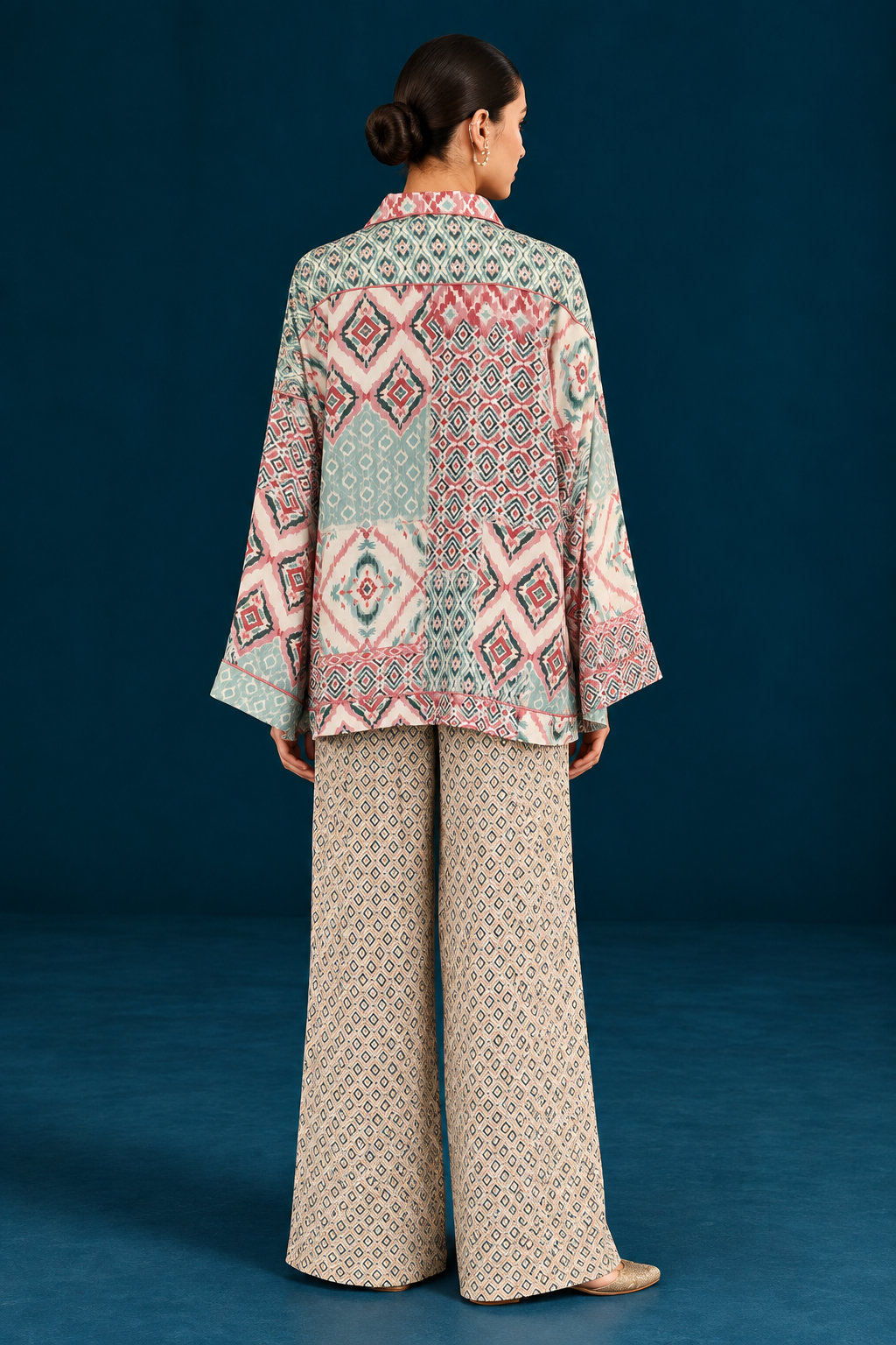 Rangrez Ikat-inspired top and bottom Co-ord set - Mint Blue