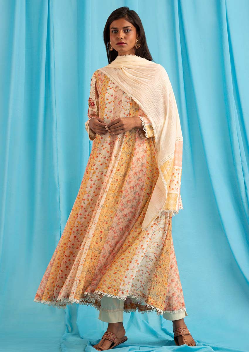 Peony Anarkali Set - Off-white