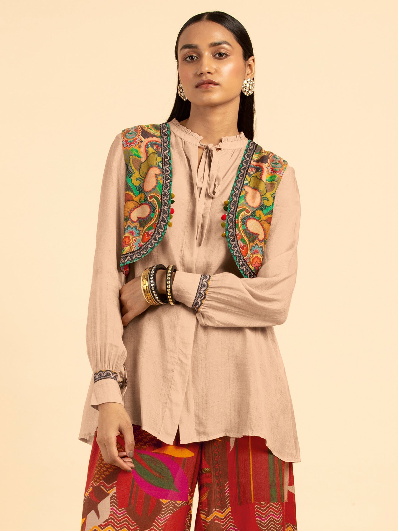 Twin Town Beige Shirt Top with Green Jacket