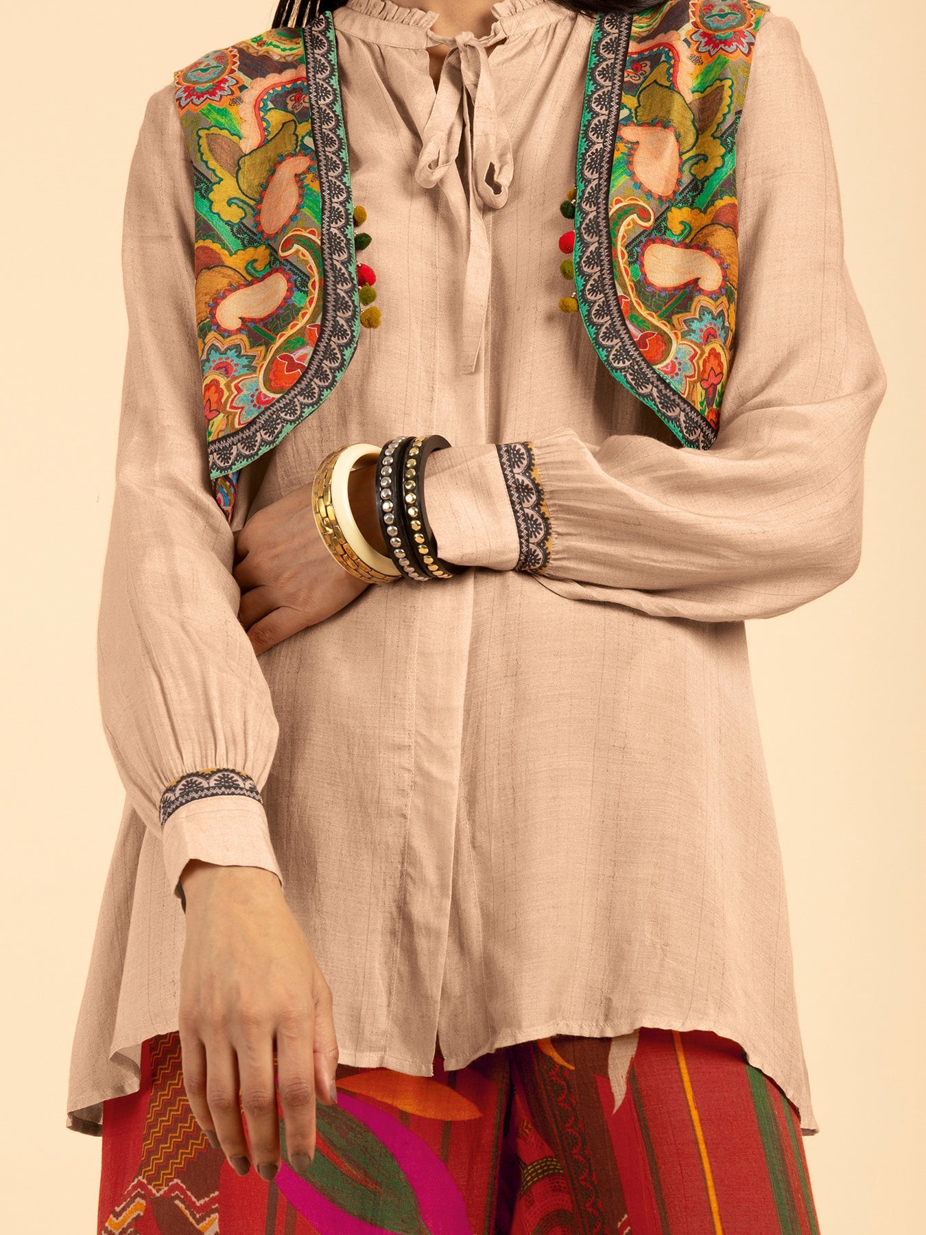 Twin Town Beige Shirt Top with Green Jacket