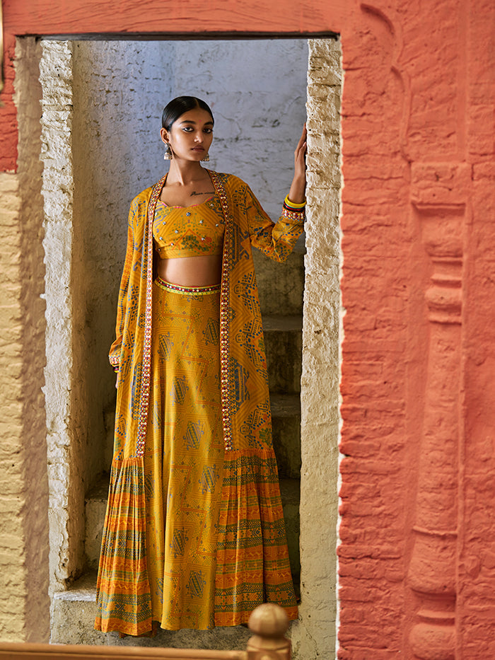 Yellow Printed Lehenga with Jacket | Shop Saundh
