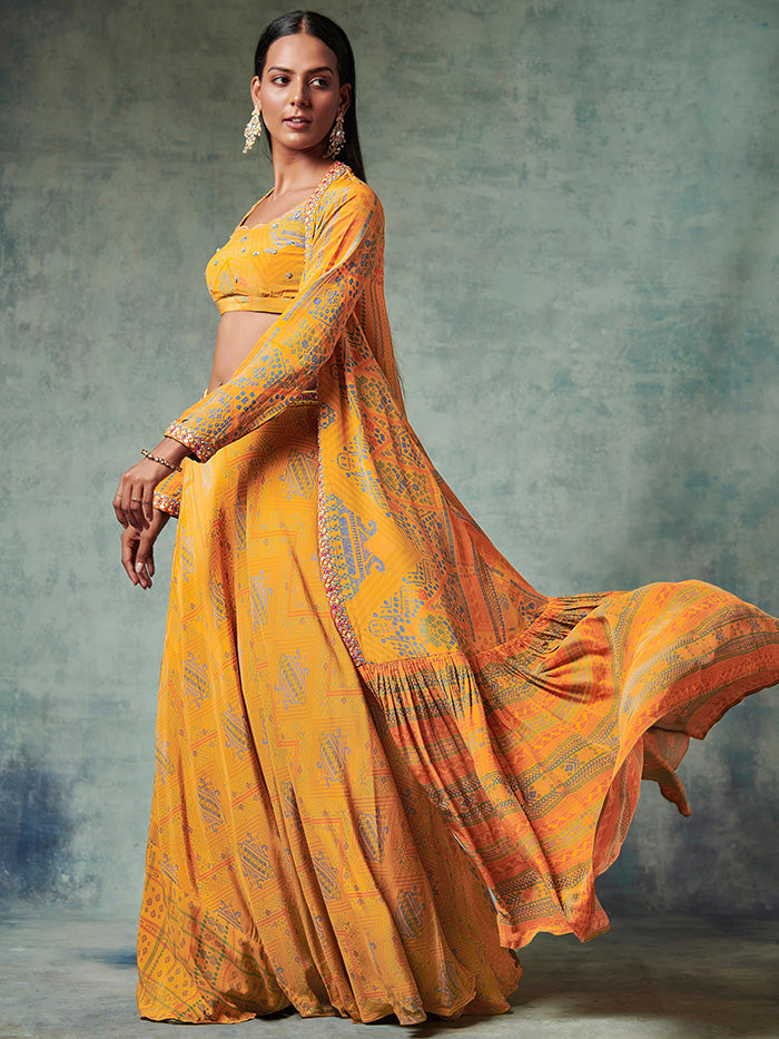 Yellow Printed Lehenga with Jacket | Shop Saundh