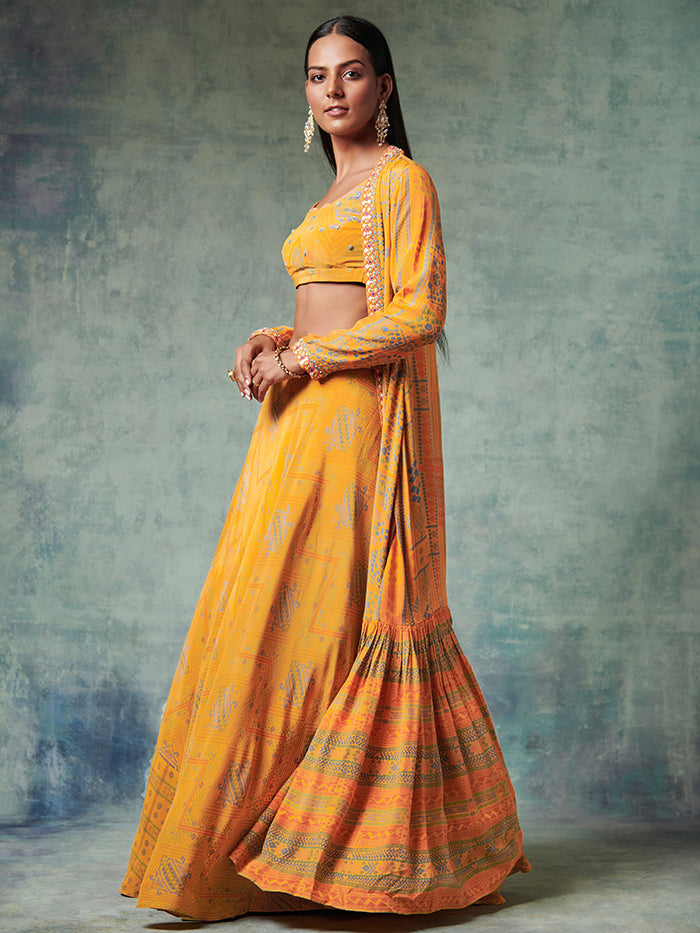 Yellow Printed Lehenga with Jacket | Shop Saundh