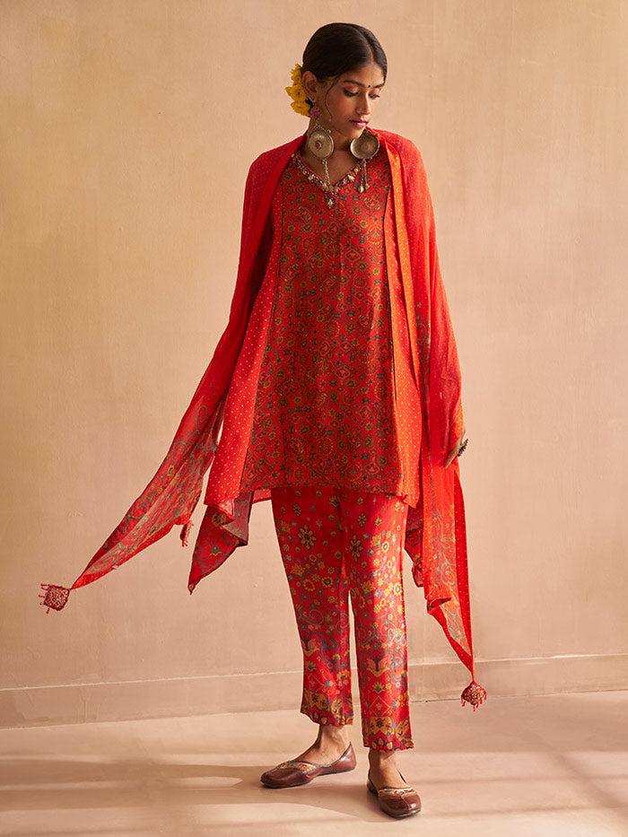 Red Printed Tunic Set | Shop Saundh