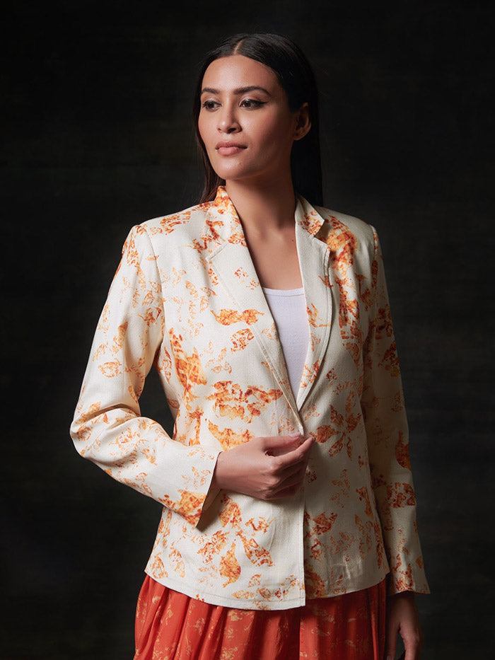 Off White Printed Short Blazer| Shop Saundh
