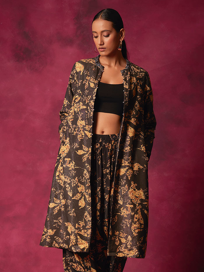 Black Printed Open Jacket | Shop Saundh
