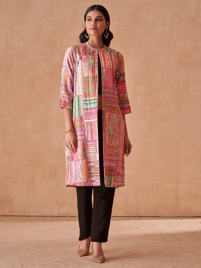 Pink Printed Kantha Jacket | Shop Saundh