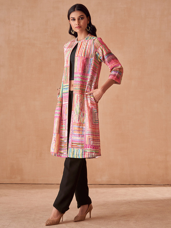Pink Printed Kantha Jacket | Shop Saundh