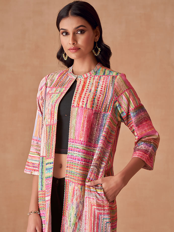 Pink Printed Kantha Jacket | Shop Saundh