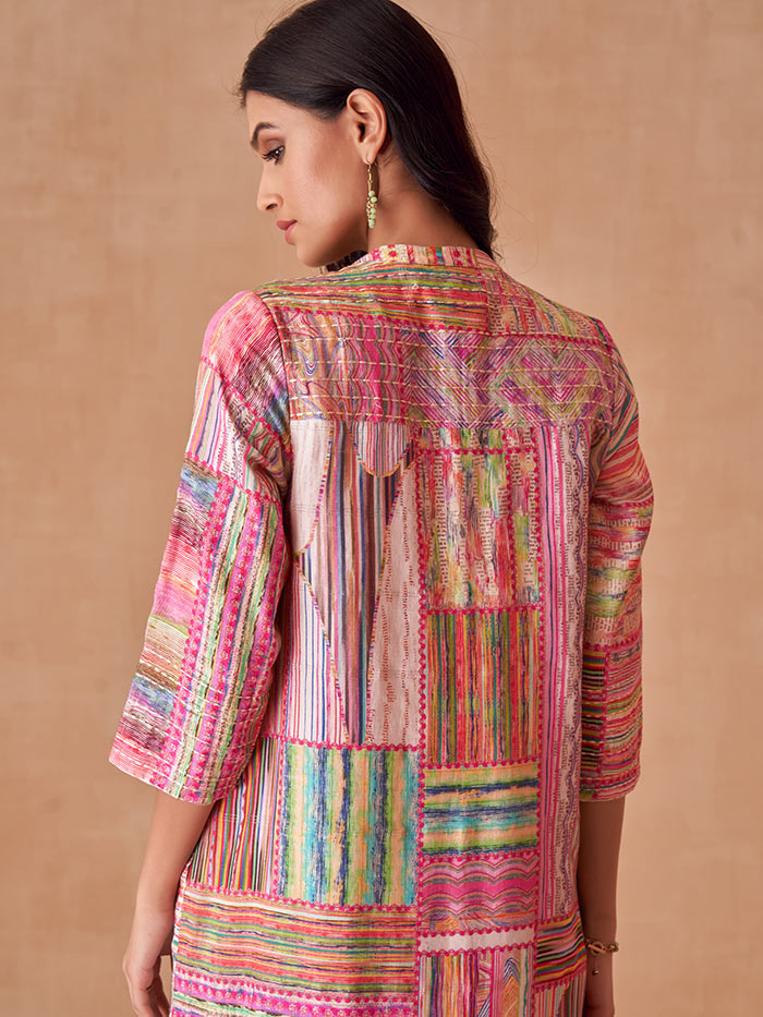 Pink Printed Kantha Jacket | Shop Saundh