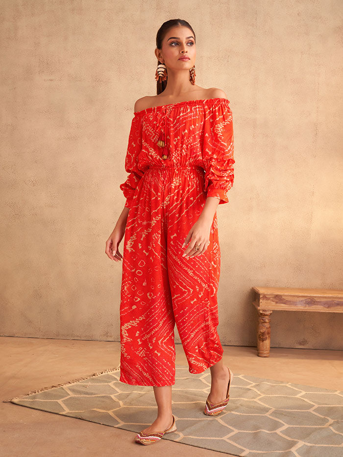 Red Off-shoulder Jumpsuit | Shop Saundh