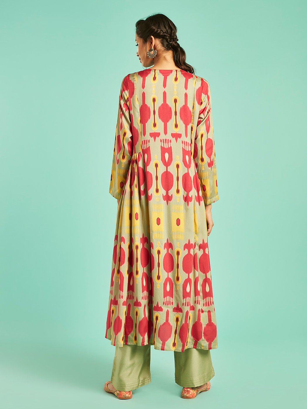 Ikkat Green Ikat print Pleated Kurta With Narrow Pants