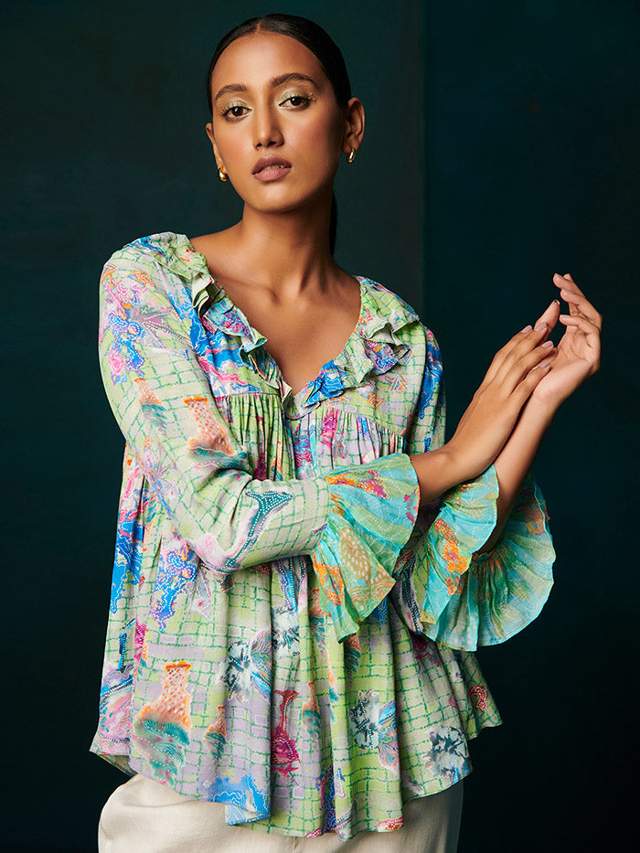 Green Printed Flared Top | Shop Saundh