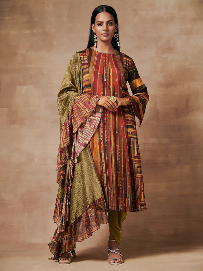Brown Multistriped Kurta Set with Dupatta | Shop Saundh