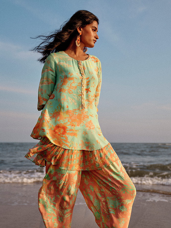 Yasmin Green & Peach Kurta Set | Shop Saundh