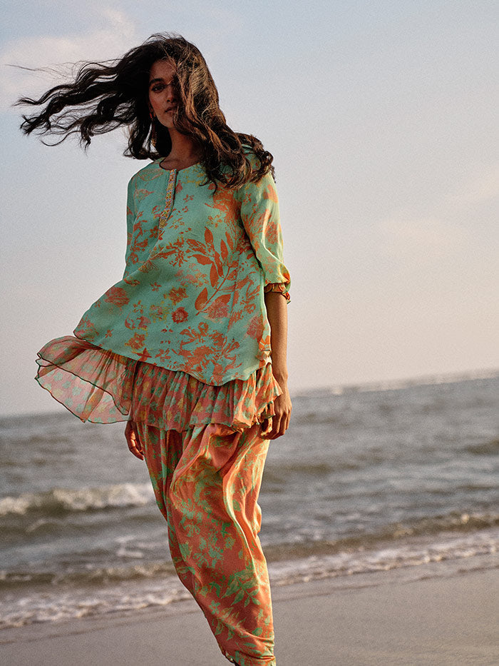 Yasmin Green & Peach Kurta Set | Shop Saundh