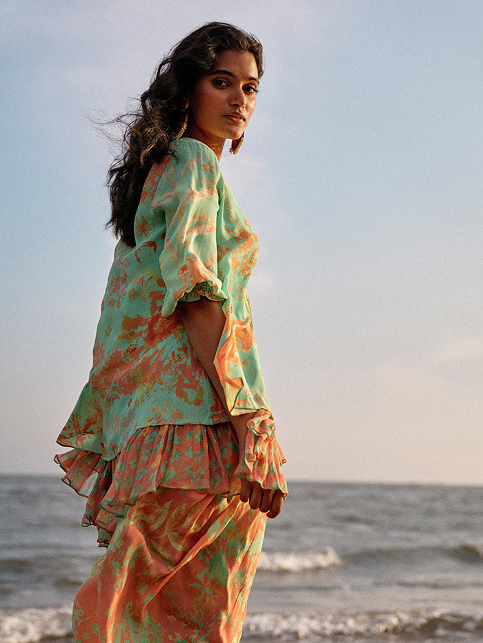 Yasmin Green & Peach Kurta Set | Shop Saundh