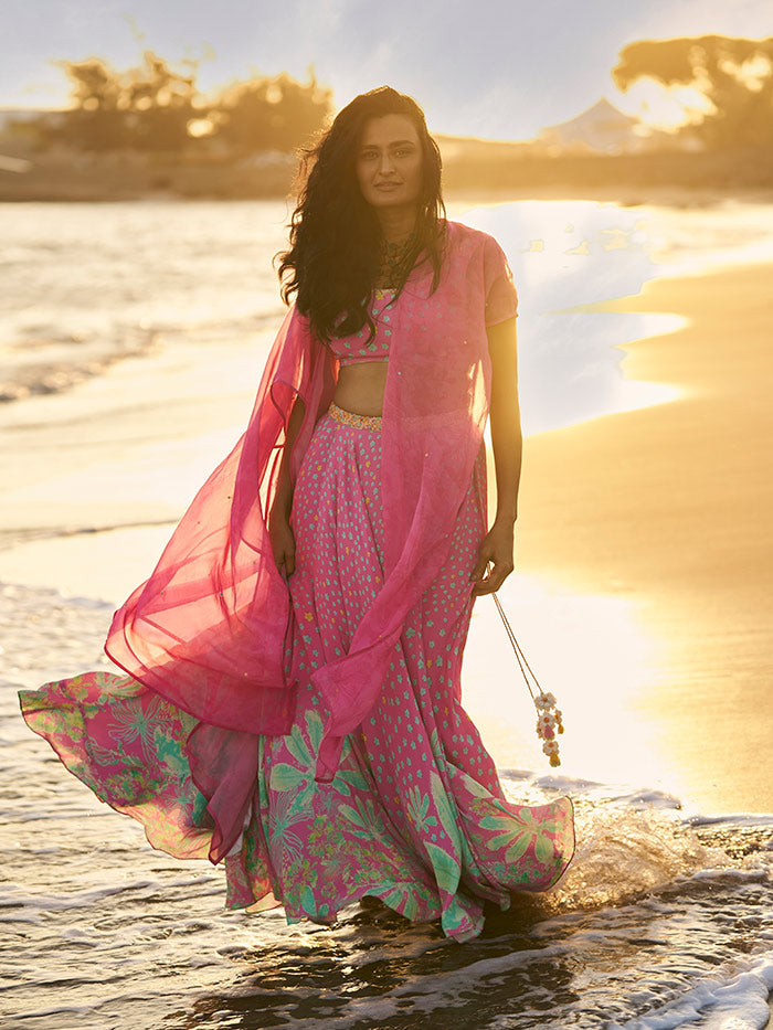 Pink Printed Lehenga & Cape Set | Shop Saundh