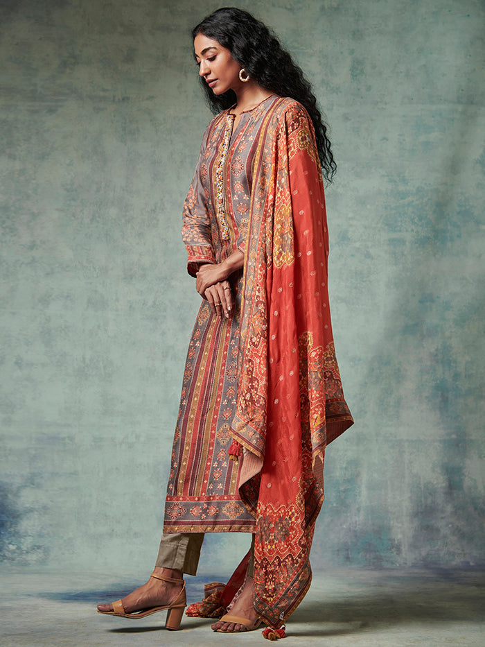 Grey Red Kurta Set with Dupatta | Shop Saundh