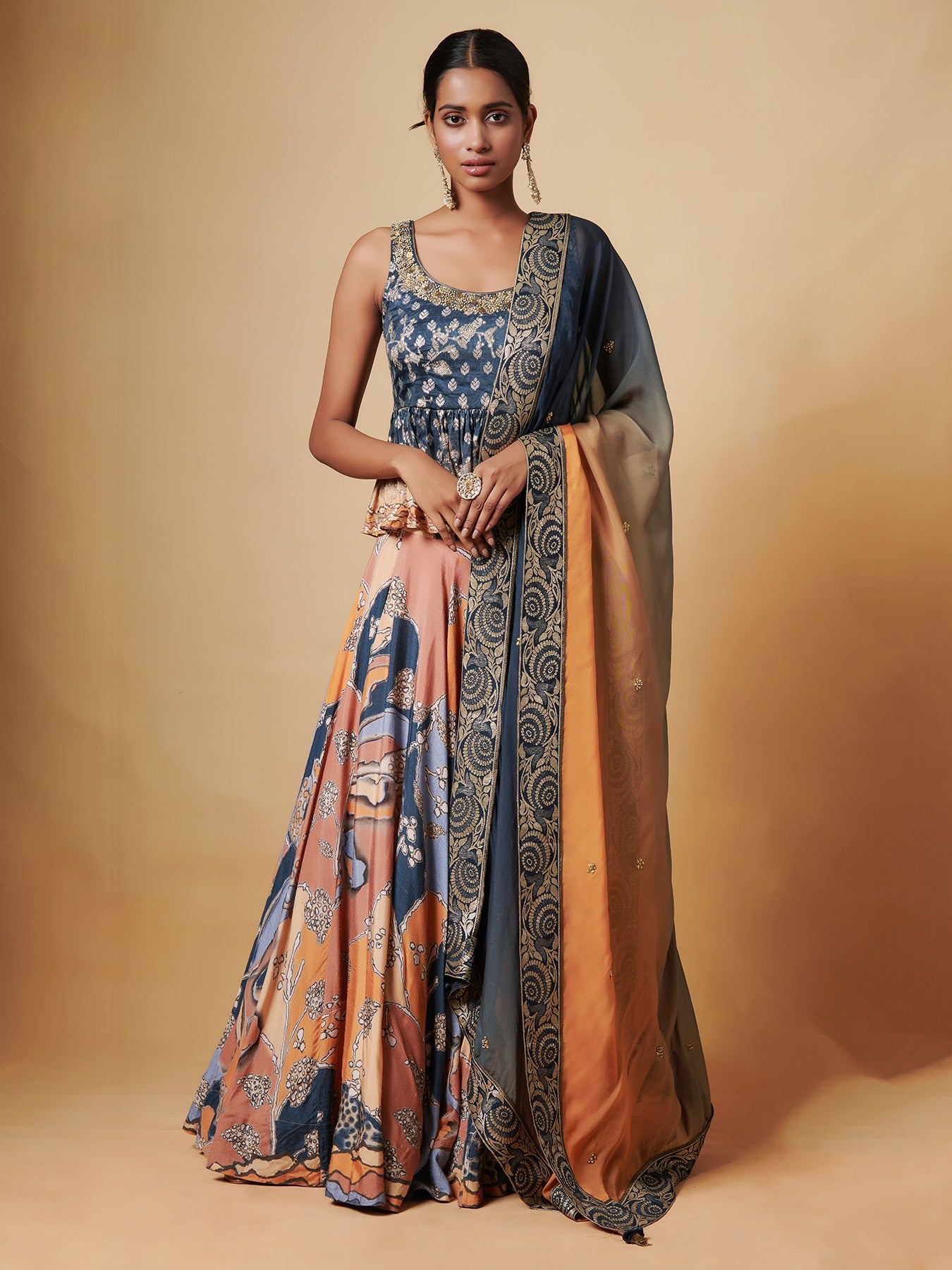 Blue Orange Peplum Lehenga Set in Raw Silk | Shop Saundh