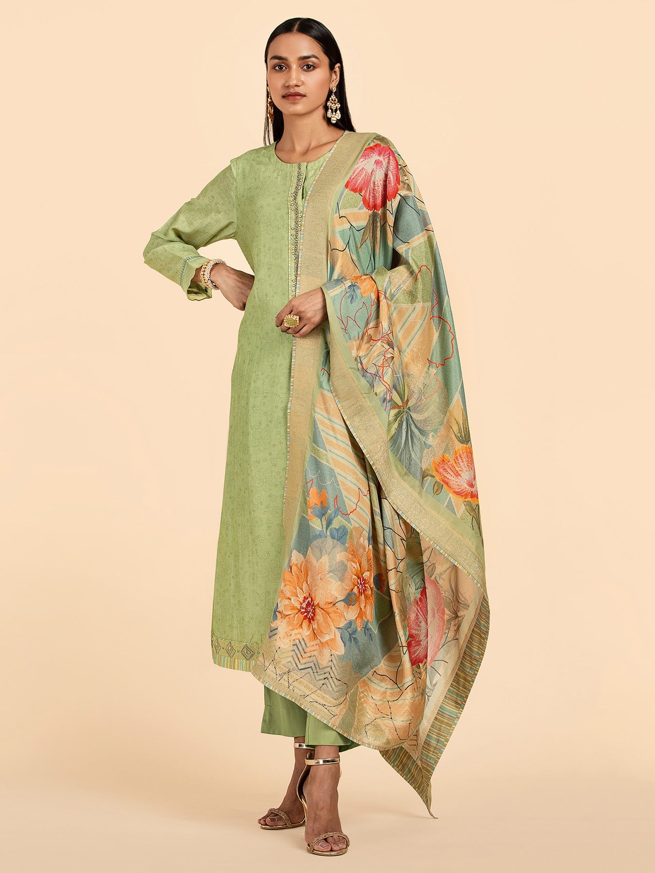 Green Unstitched Silk Suit | Shop Saundh