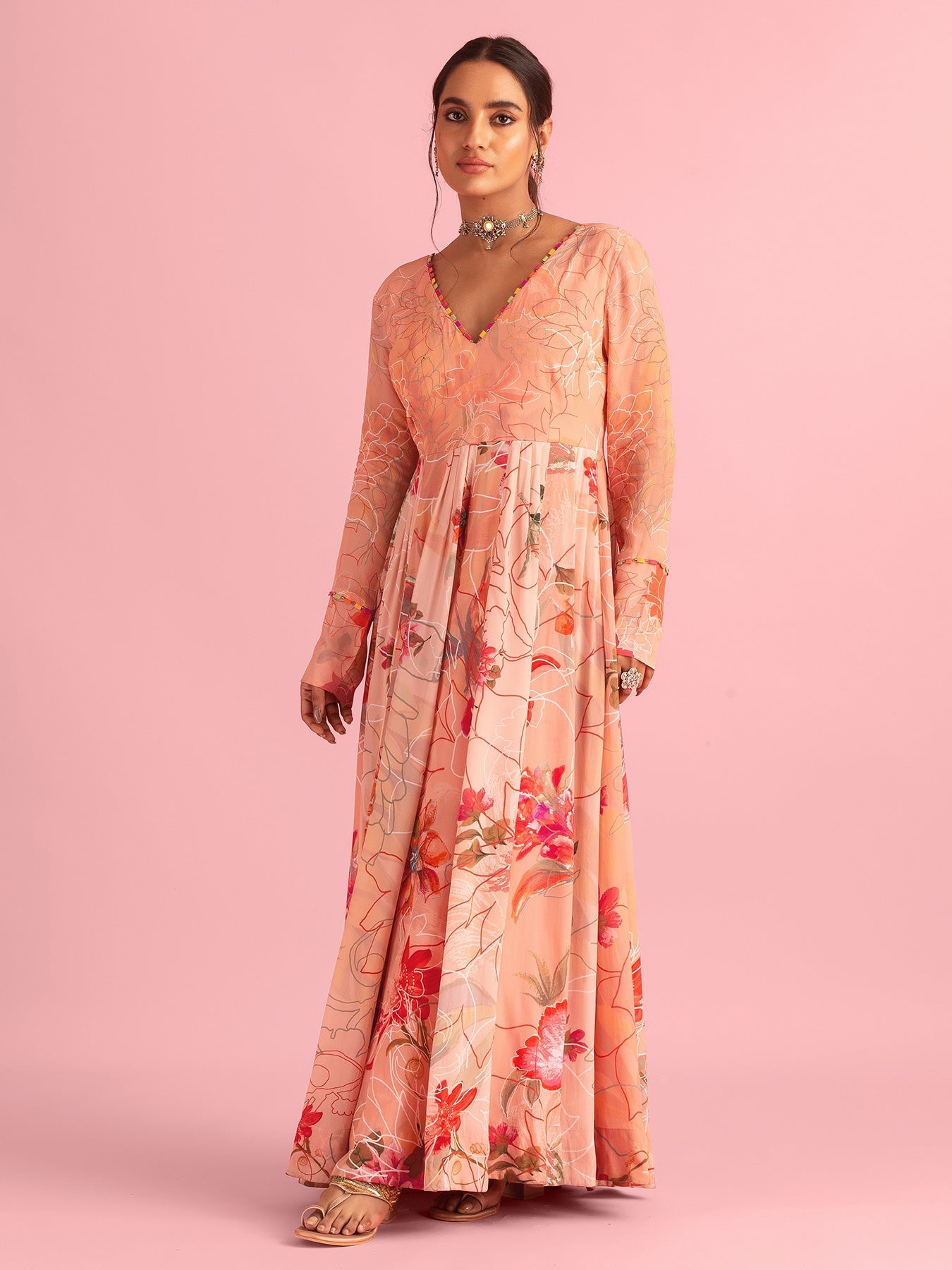 Floral Fantasy Peach Natural Crepe Printed Gown