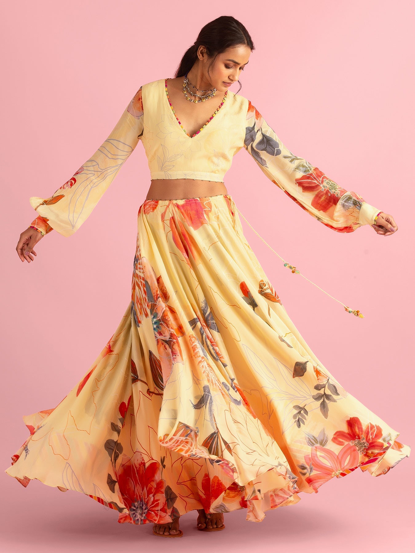 Floral Fantasy Bright Yellow Natural Crepe Lehenga Set