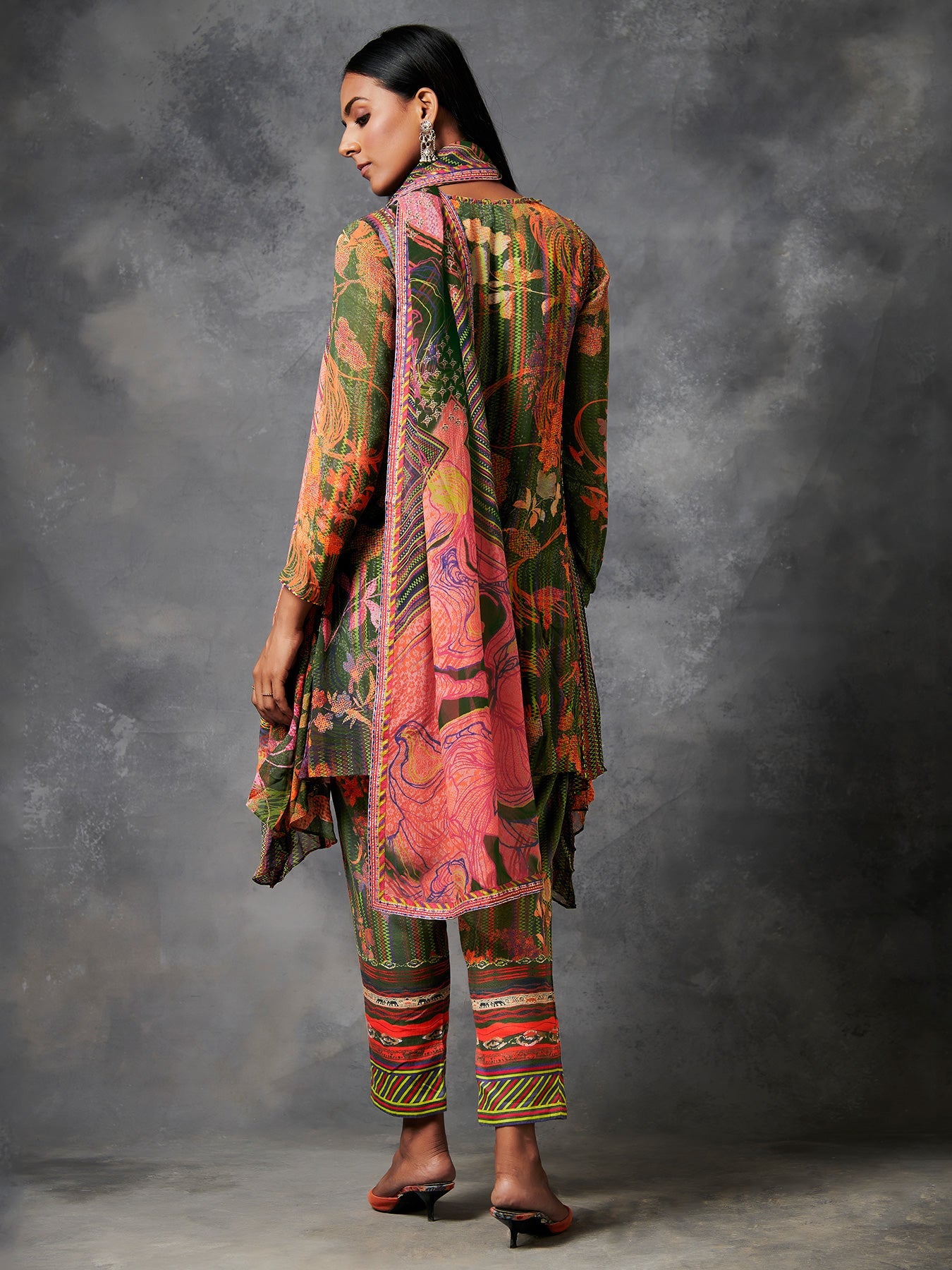 Konyak Green Pink Kurta Set with Dupatta