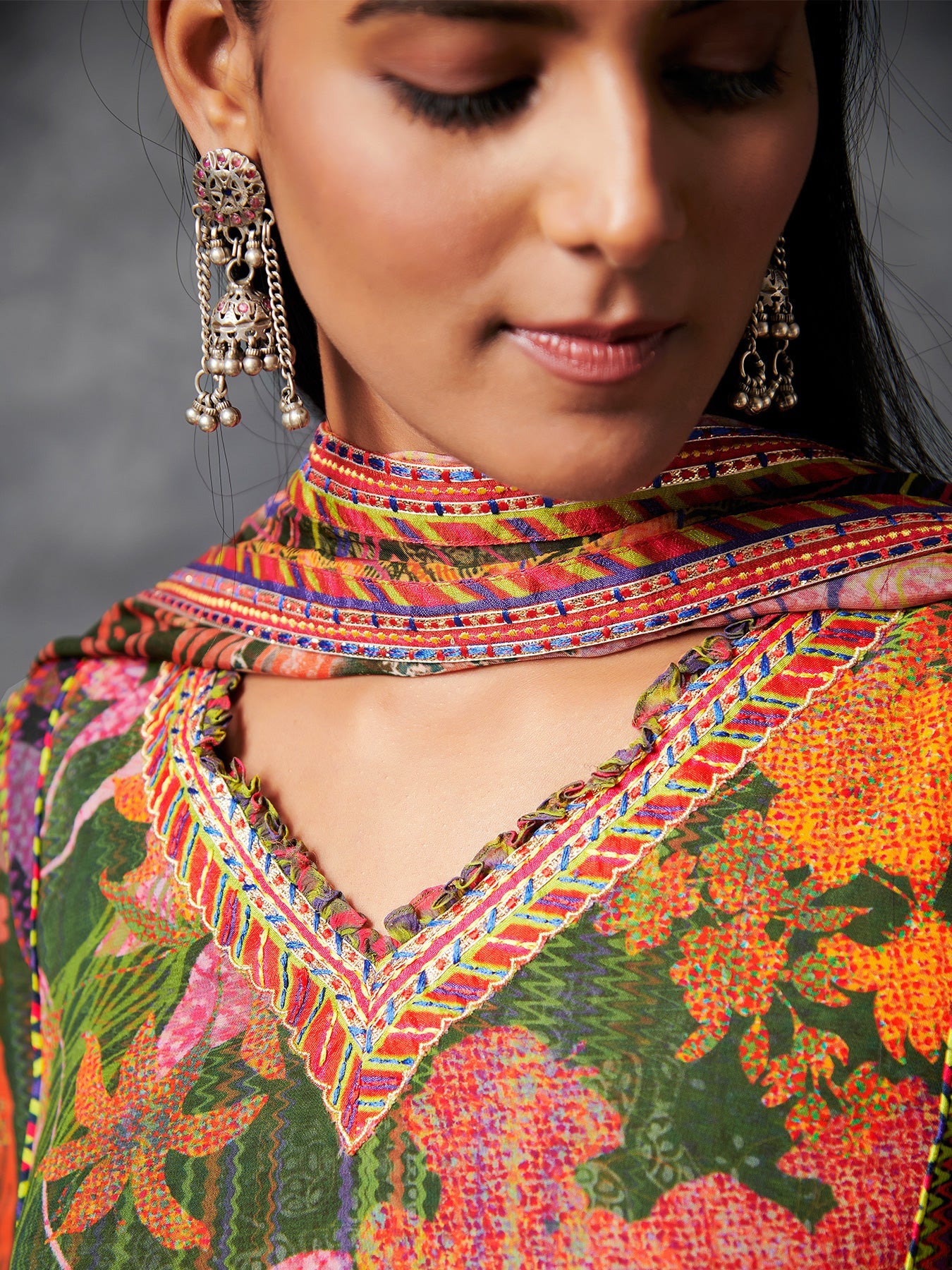 Konyak Green Pink Kurta Set with Dupatta