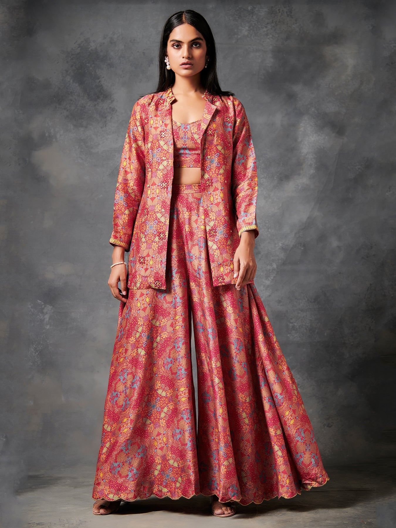 Red Printed Jacket Set with Skirt and Belt | Shop Saundh