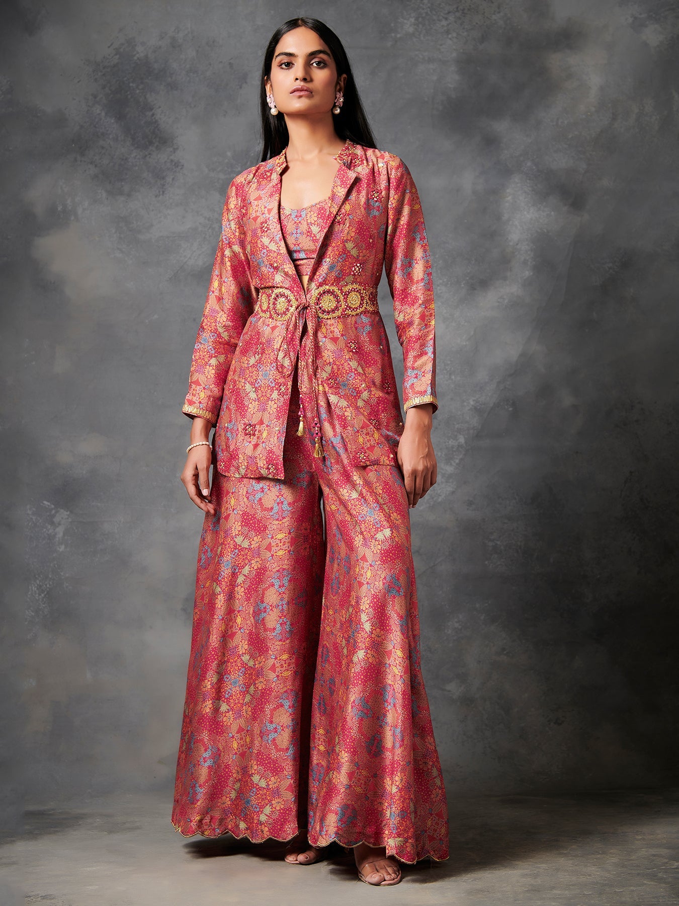 Red Printed Jacket Set with Skirt and Belt | Shop Saundh