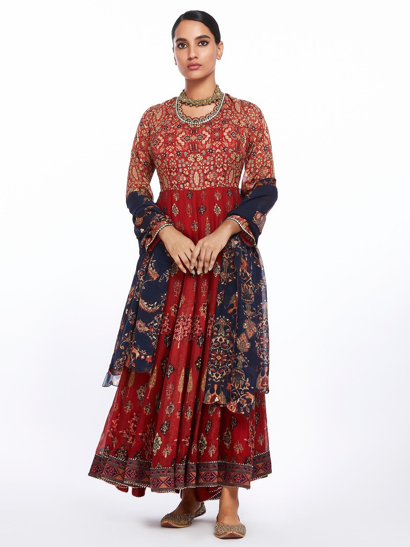 Nazm Red Printed Anarkali Set with Dupatta
