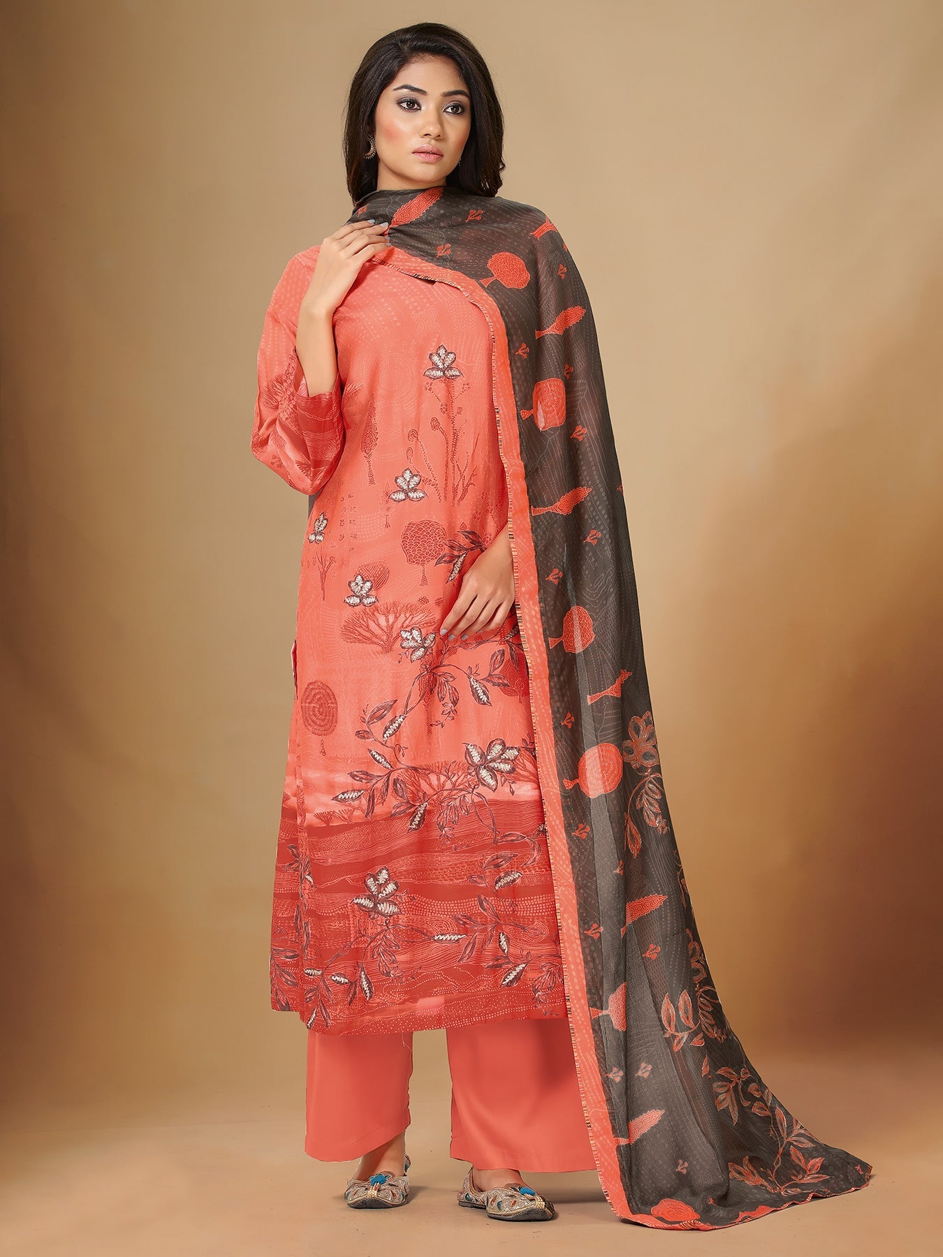 Orange and Coffee Unstitched Kurta Set | Shop Saundh