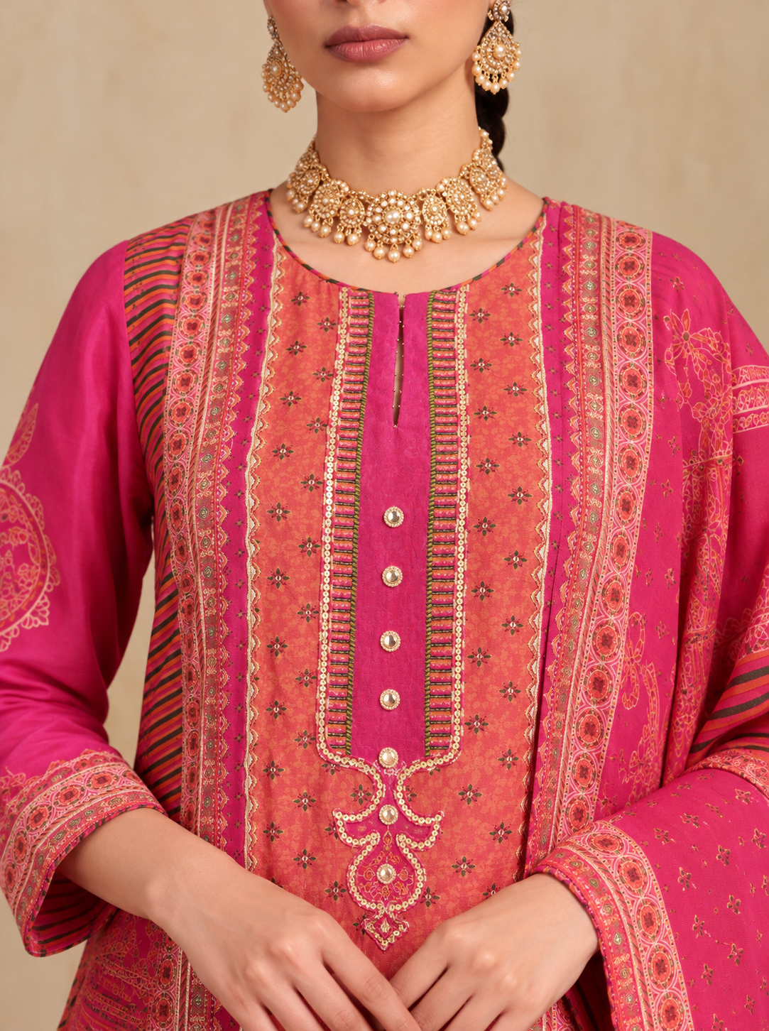Miraas Embroidered Kurta Set-Pink