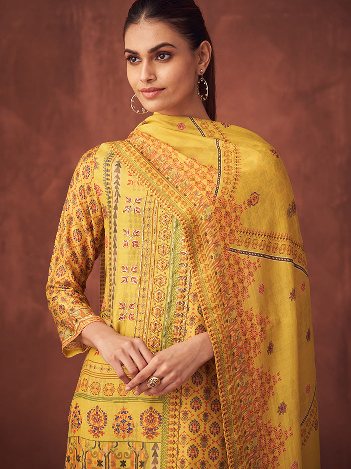 Miraya Unstitched Kurta Set - Yellow & Brown