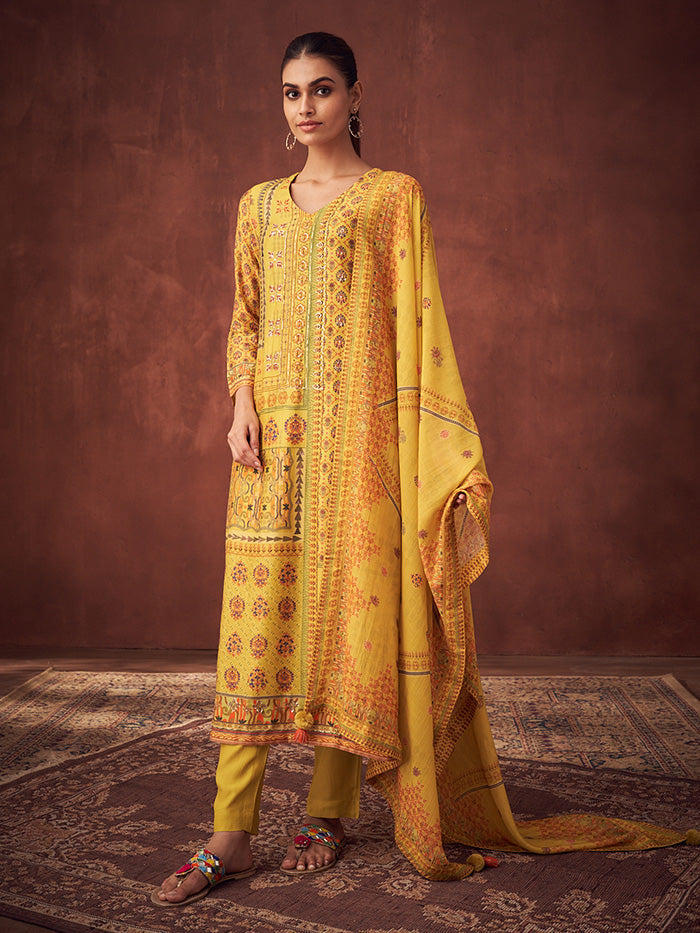 Miraya Unstitched Kurta Set - Yellow & Brown