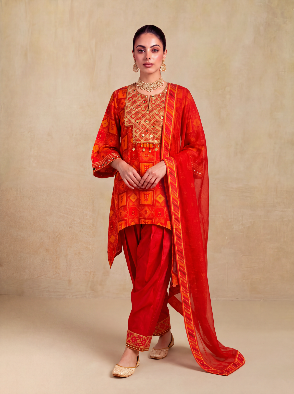 Mehram Asymmetric Kurta Set-Red/Orange